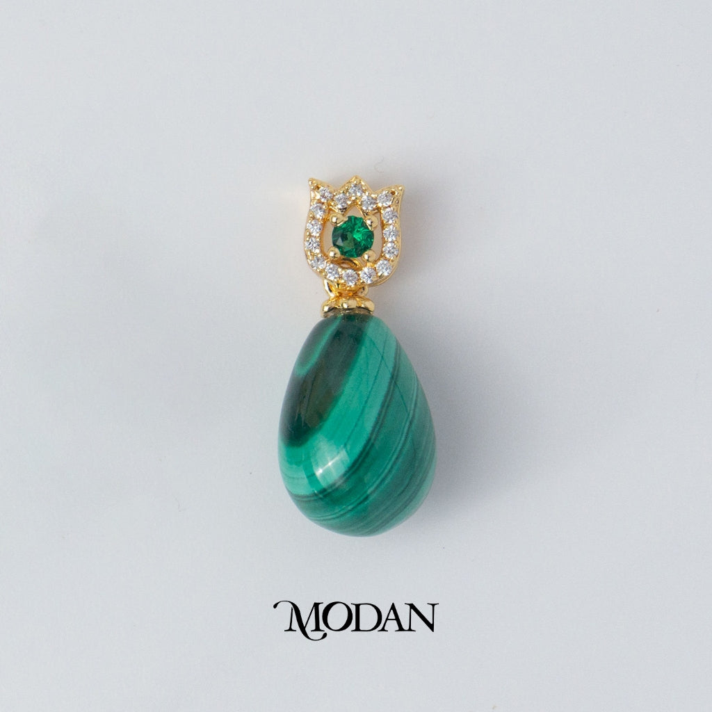 Vintage Style Flower Malachite Pendant DIY Pendant Liontin Antik Batu Hijau Hypoallergenic Gold Filled
