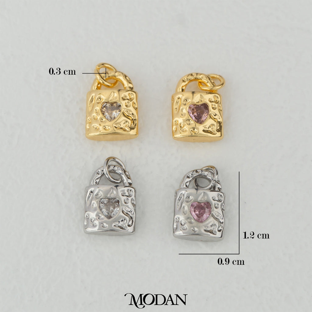 Hammered Love Lock Clear and Pink Zirconia DIY Charm Liontin Gembok Hati Cinta Hypoallergenic Gold Filled