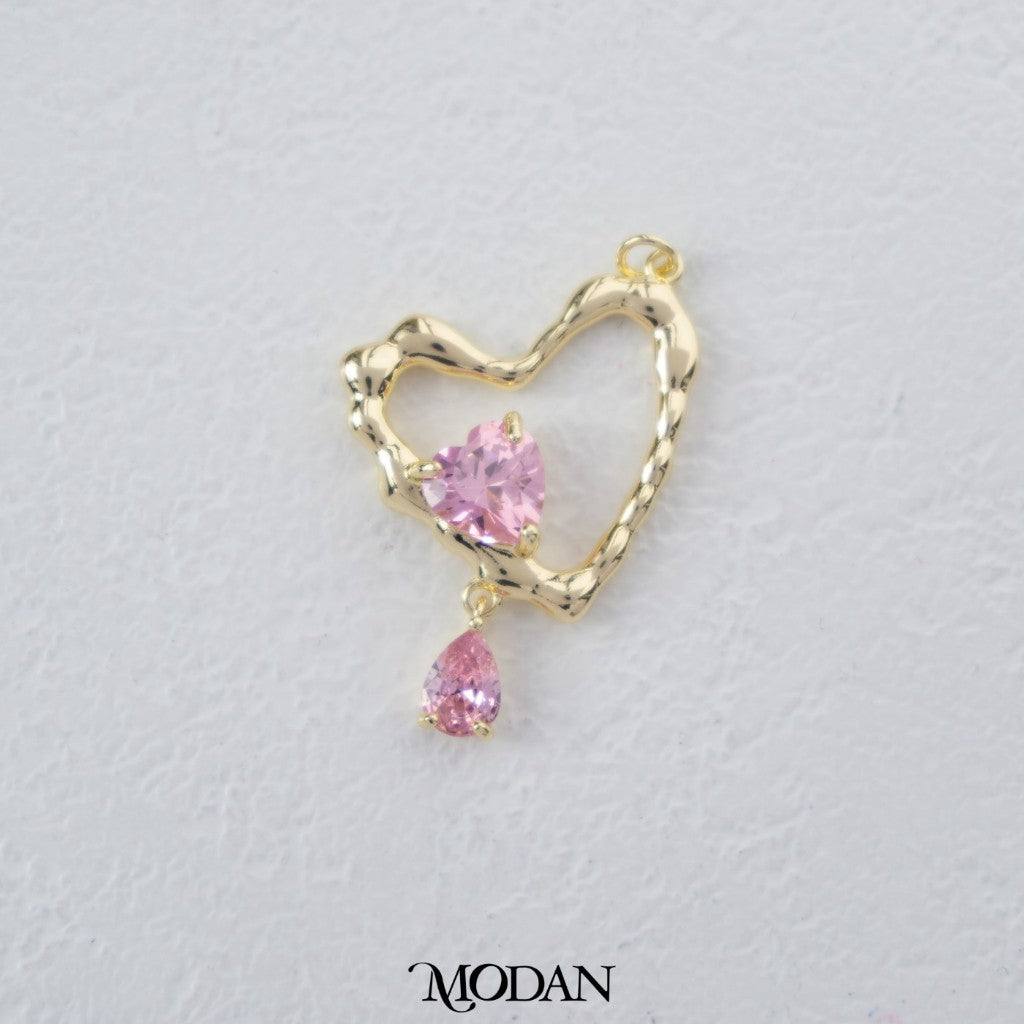Open Back Hammered Love Pink/Clear Heart Shaped Teardrop Dangle Pendant DIY Pendant Liontin Hati Cinta Gantung Hypoallergenic Gold Filled
