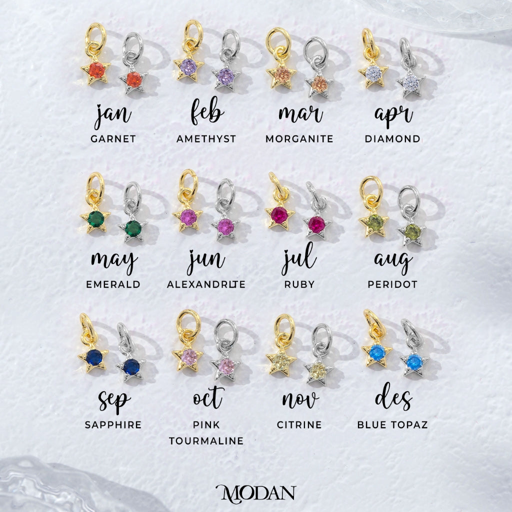 Tiny Round Star Birthstone Charm DIY Charm Liontin Kalung Bintang Kecil Bulan Lahir Warna-Warni Hypoallergenic Gold Filled