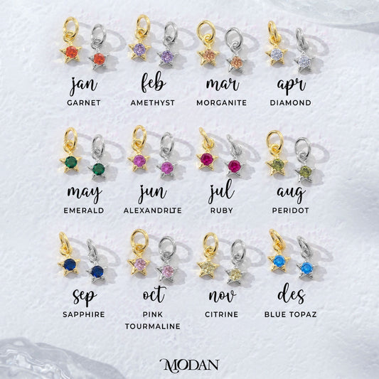 Tiny Round Star Birthstone Charm DIY Charm Liontin Kalung Bintang Kecil Bulan Lahir Warna-Warni Hypoallergenic Gold Filled