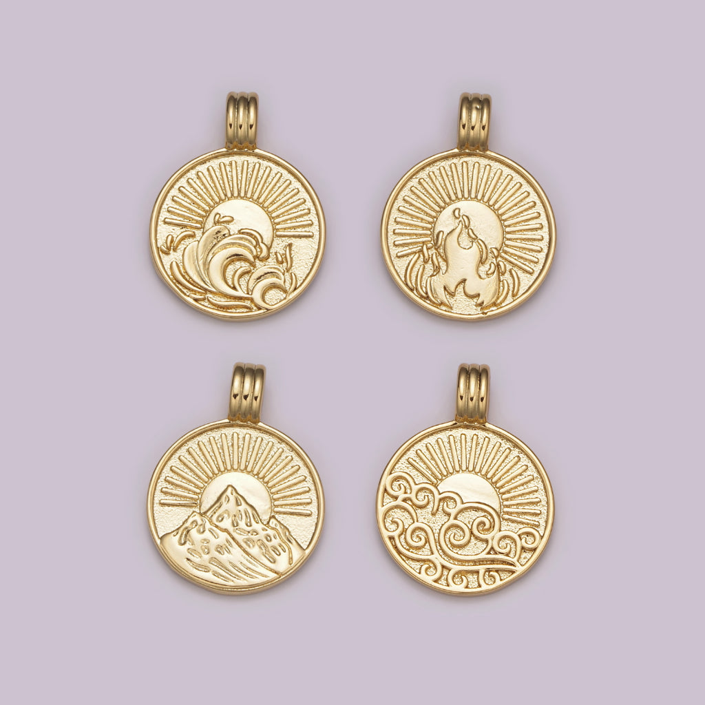 Elements Water Air Fire Earth Coin Medallion Pendant DIY Pendant Liontin Elemen Air Udara Api Tanah Hypoallergenic Gold Filled