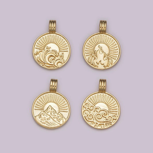 Elements Water Air Fire Earth Coin Medallion Pendant DIY Pendant Liontin Elemen Air Udara Api Tanah Hypoallergenic Gold Filled