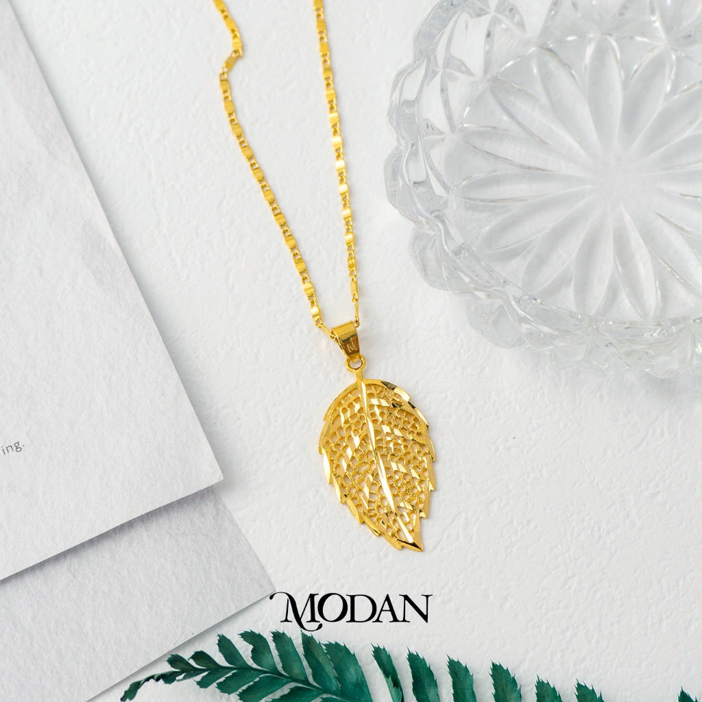 Golden Vintage Textured Leaf Pendant DIY Liontin Bandul Daun Hypoallergenic Gold Plated