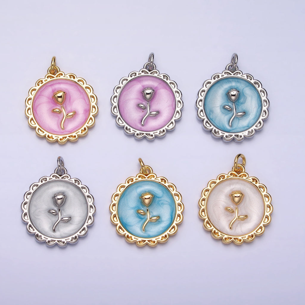 Round Enamel Rose Flower Charm DIY Charm Liontin Bunga Mawar Bulat Hypoallergenic Gold Filled