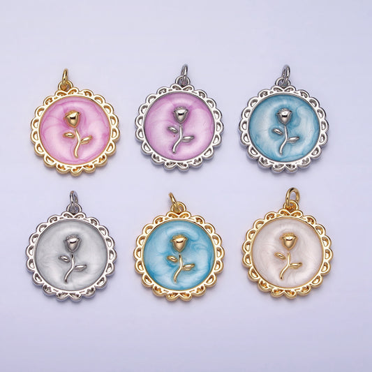 Round Enamel Rose Flower Charm DIY Charm Liontin Bunga Mawar Bulat Hypoallergenic Gold Filled