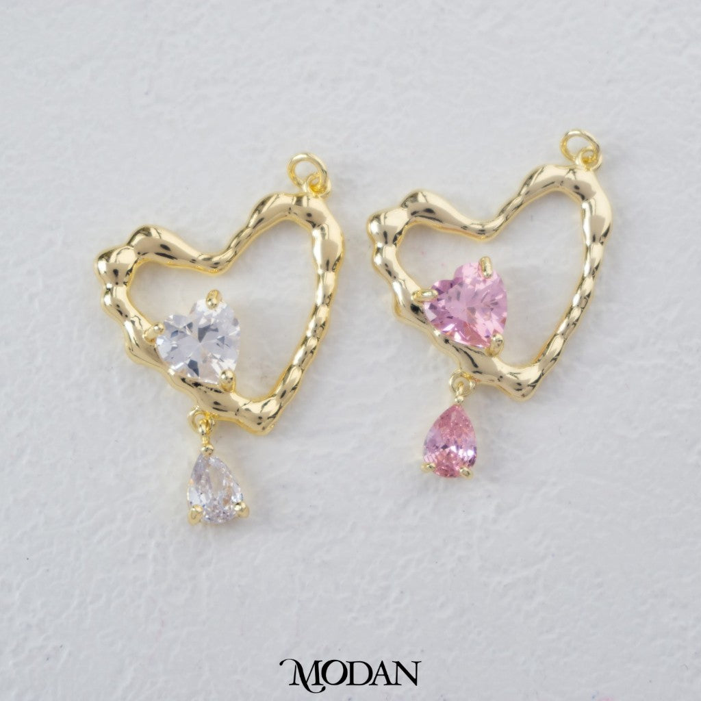 Open Back Hammered Love Pink/Clear Heart Shaped Teardrop Dangle Pendant DIY Pendant Liontin Hati Cinta Gantung Hypoallergenic Gold Filled