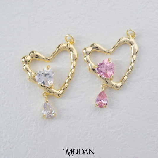 Open Back Hammered Love Pink/Clear Heart Shaped Teardrop Dangle Pendant DIY Pendant Liontin Hati Cinta Gantung Hypoallergenic Gold Filled