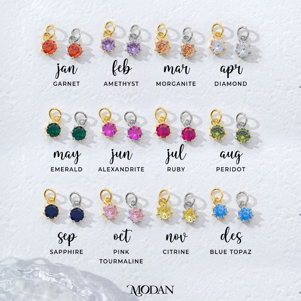 Mini Colorful Round Birthstone Charm DIY Charm Liontin Kalung Bulat 6 Sisi Bulan Lahir Warna-Warni Hypoallergenic Gold Filled