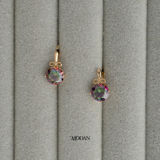 (15mm) Sparkling Solitaire Green Violet Hoop Earrings Anting Bulat Hypoallergenic Gold Plated