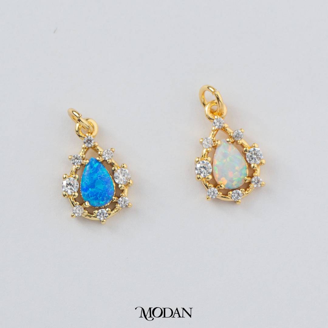Tiny Mini Micro Paved Teardrop Charm in Opal Blue and Opal White DIY Liontin Tetes Air Mata Kecil Hypoallergenic Gold Filled