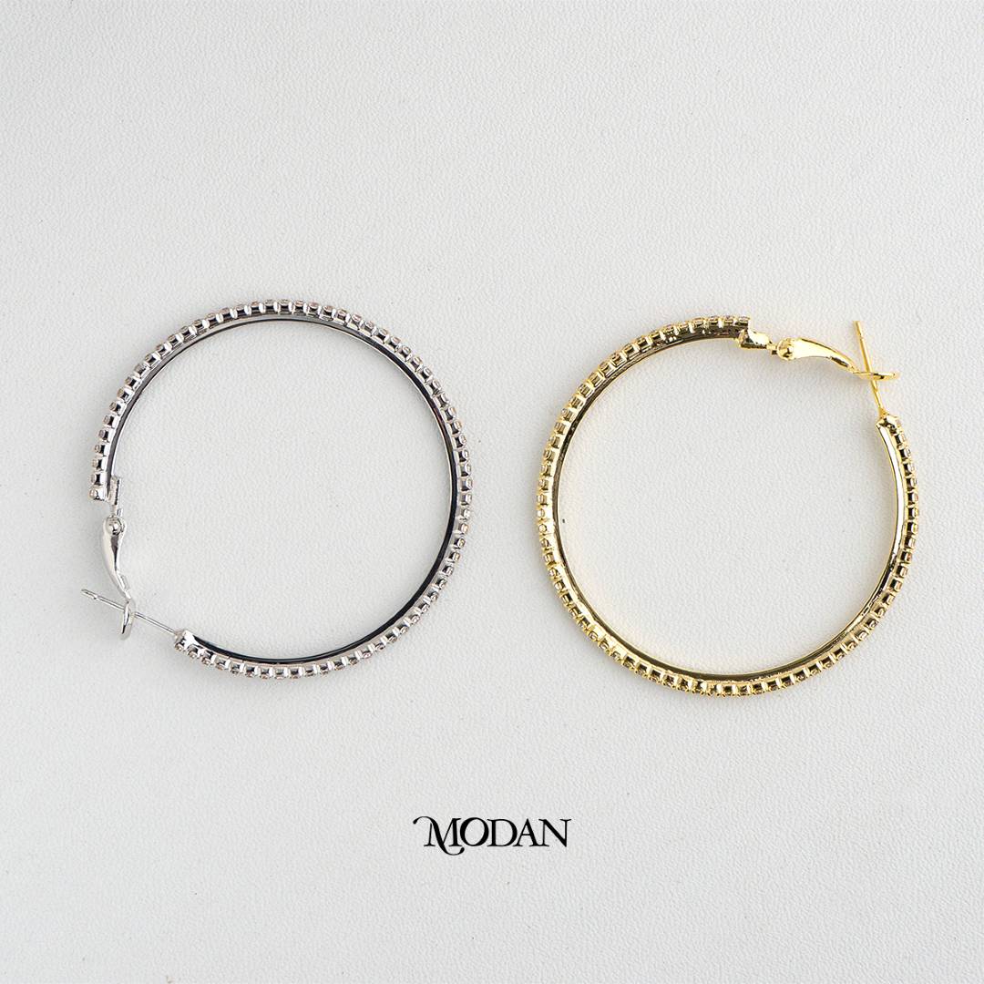 (43mm) Micro Paved Zirconia Tennis Round Hoop Earrings Anting Elegan Hypoallergenic Gold Plated