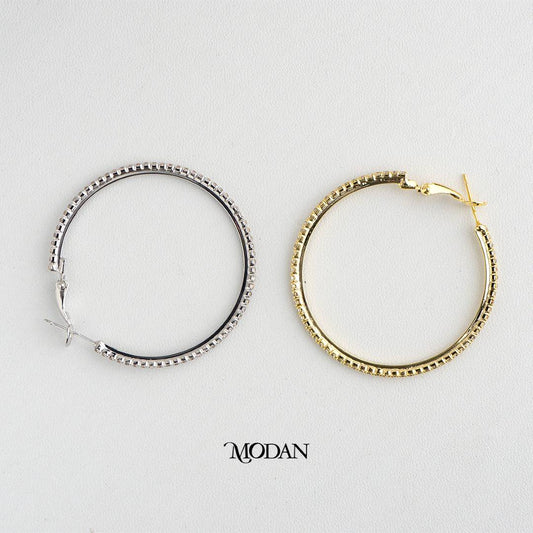 (43mm) Micro Paved Zirconia Tennis Round Hoop Earrings Anting Elegan Hypoallergenic Gold Plated