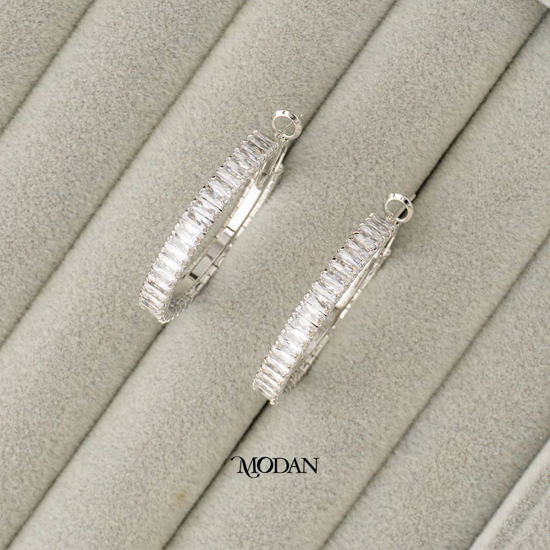 (35mm) Sparkling Baguette Tennis Round Hoop Earrings Anting Elegan Hypoallergenic Gold Plated