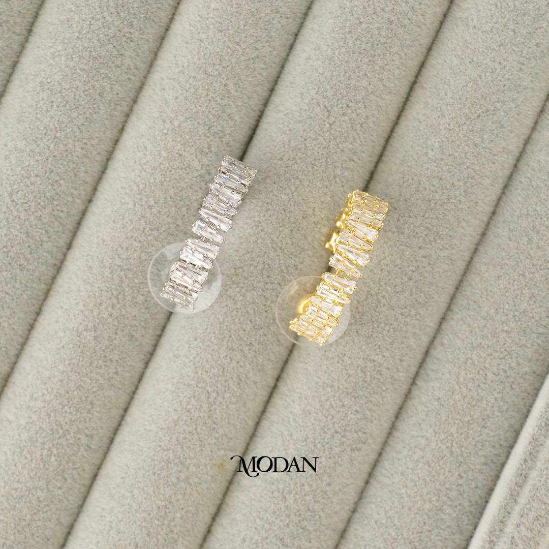 (25mm) Sparkling Baguette Round Open C Hoop Earrings Anting Elegan Hypoallergenic Gold Plated
