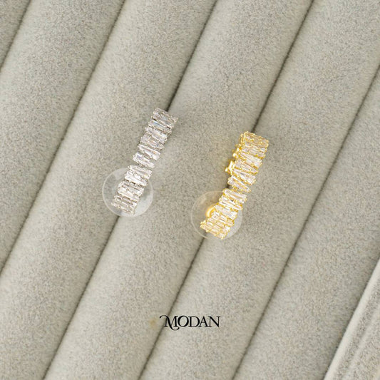 (25mm) Sparkling Baguette Round Open C Hoop Earrings Anting Elegan Hypoallergenic Gold Plated
