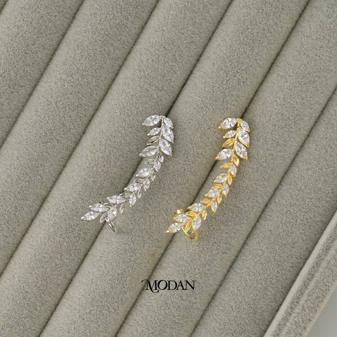 (43mm)(Right) Sparkling Zirconia Bridal Leaf Flower Earcuff Earring Hypoallergenic Gold Plated