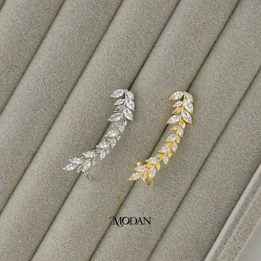 (43mm)(Right) Sparkling Zirconia Bridal Leaf Flower Earcuff Earring Hypoallergenic Gold Plated