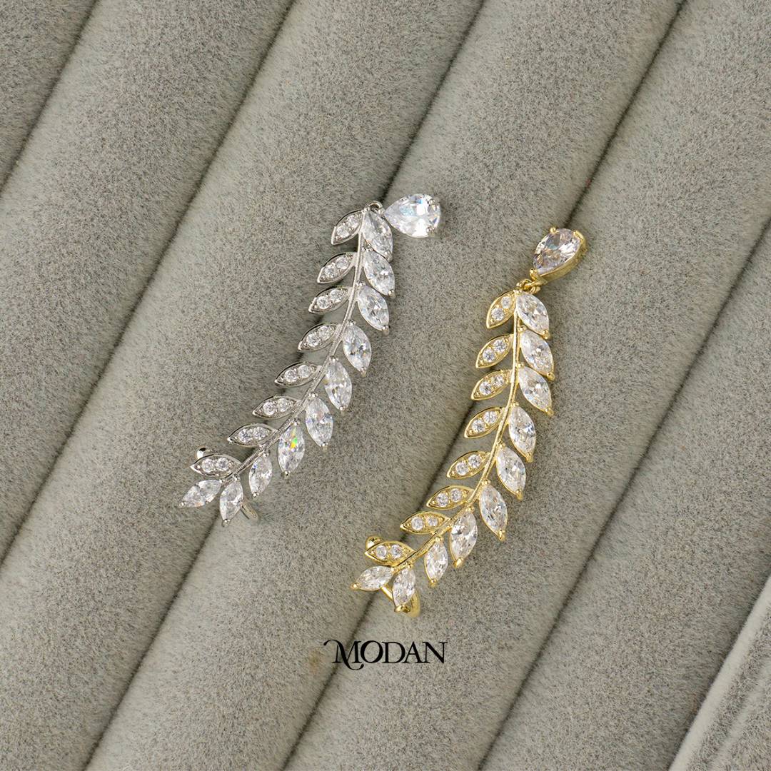 (42mm)(Right) Sparkling Marquise Leaf Zirconia Teardrop Dangle Earcuff Earring Hypoallergenic Gold Plated