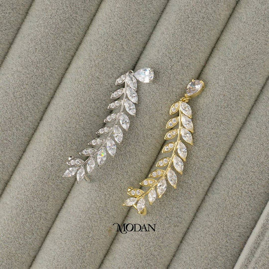 (42mm)(Right) Sparkling Marquise Leaf Zirconia Teardrop Dangle Earcuff Earring Hypoallergenic Gold Plated