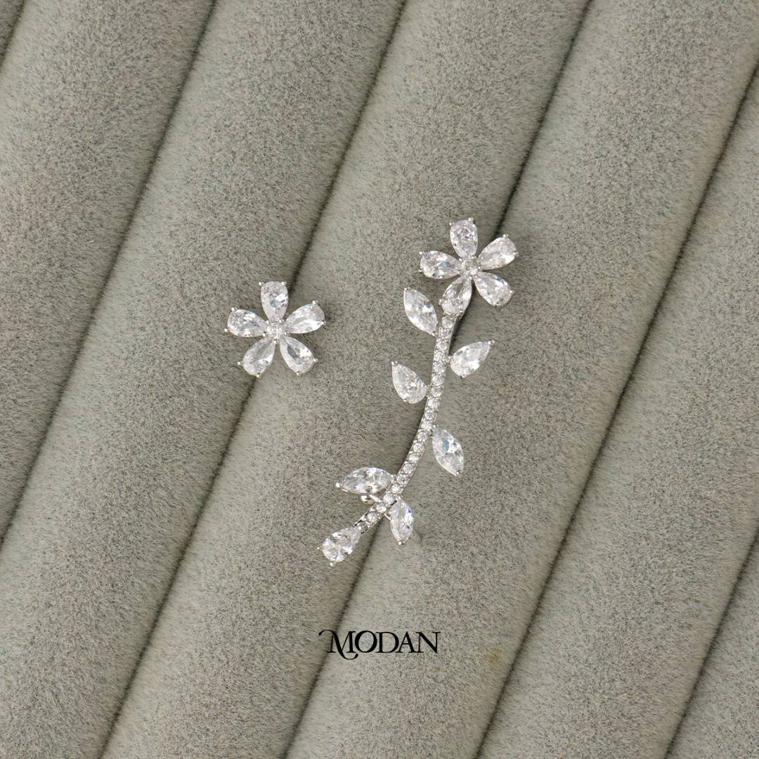 Micro Paved Zirconia Bridal Flower Earcuff Earring Hypoallergenic Gold Plated