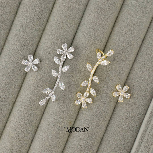 Micro Paved Zirconia Bridal Flower Earcuff Earring Hypoallergenic Gold Plated