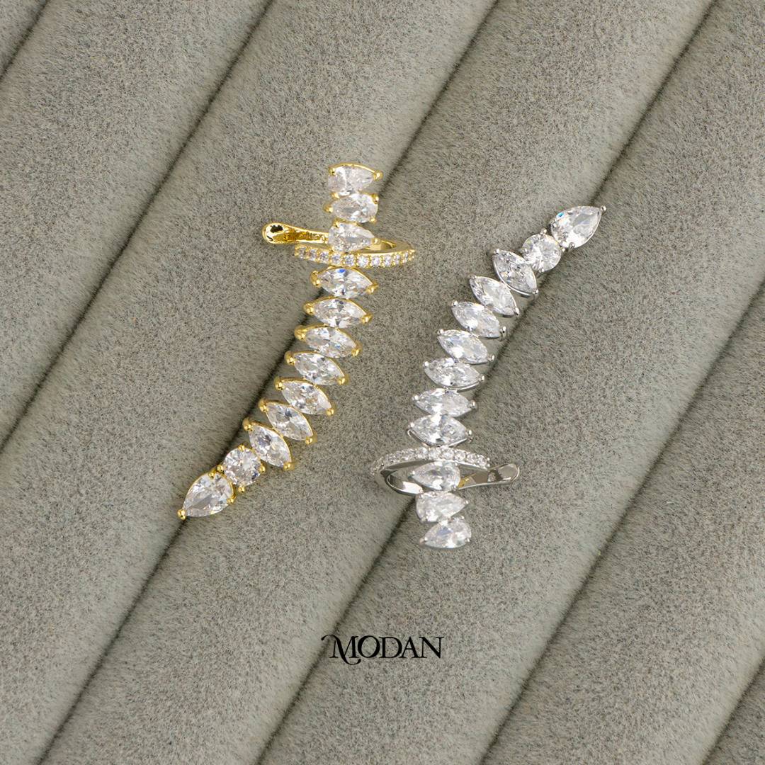 (41mm)(Left) Sparkling Zirconia Marquise Vine Earcuff Earring Hypoallergenic Gold Plated