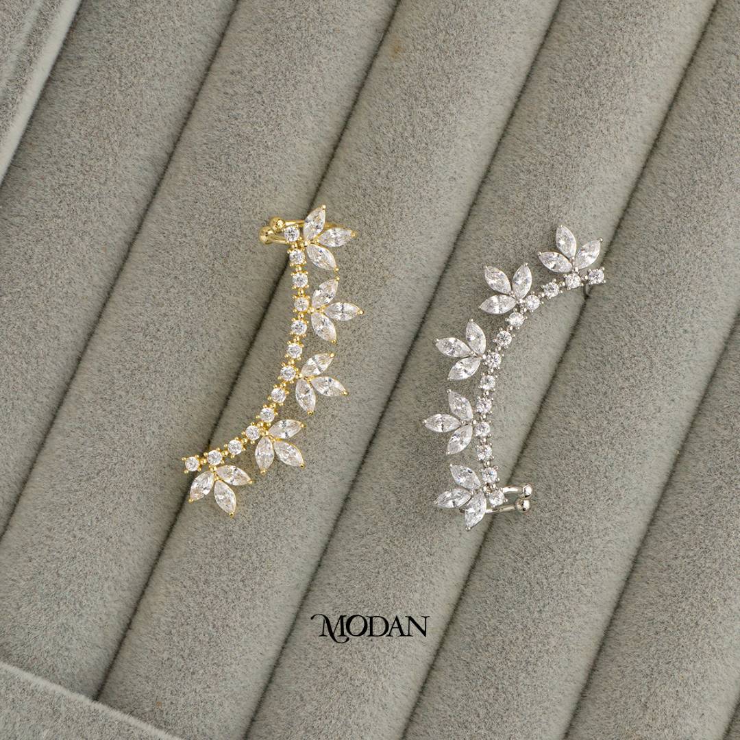 (45mm)(Left) Sparkling Marquise Cut Zirconia Bridal Leaf Earcuff Earring Hypoallergenic Gold Plated