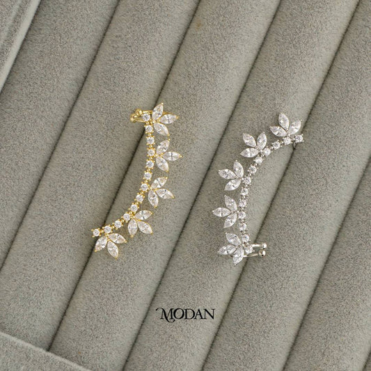 (45mm)(Left) Sparkling Marquise Cut Zirconia Bridal Leaf Earcuff Earring Hypoallergenic Gold Plated