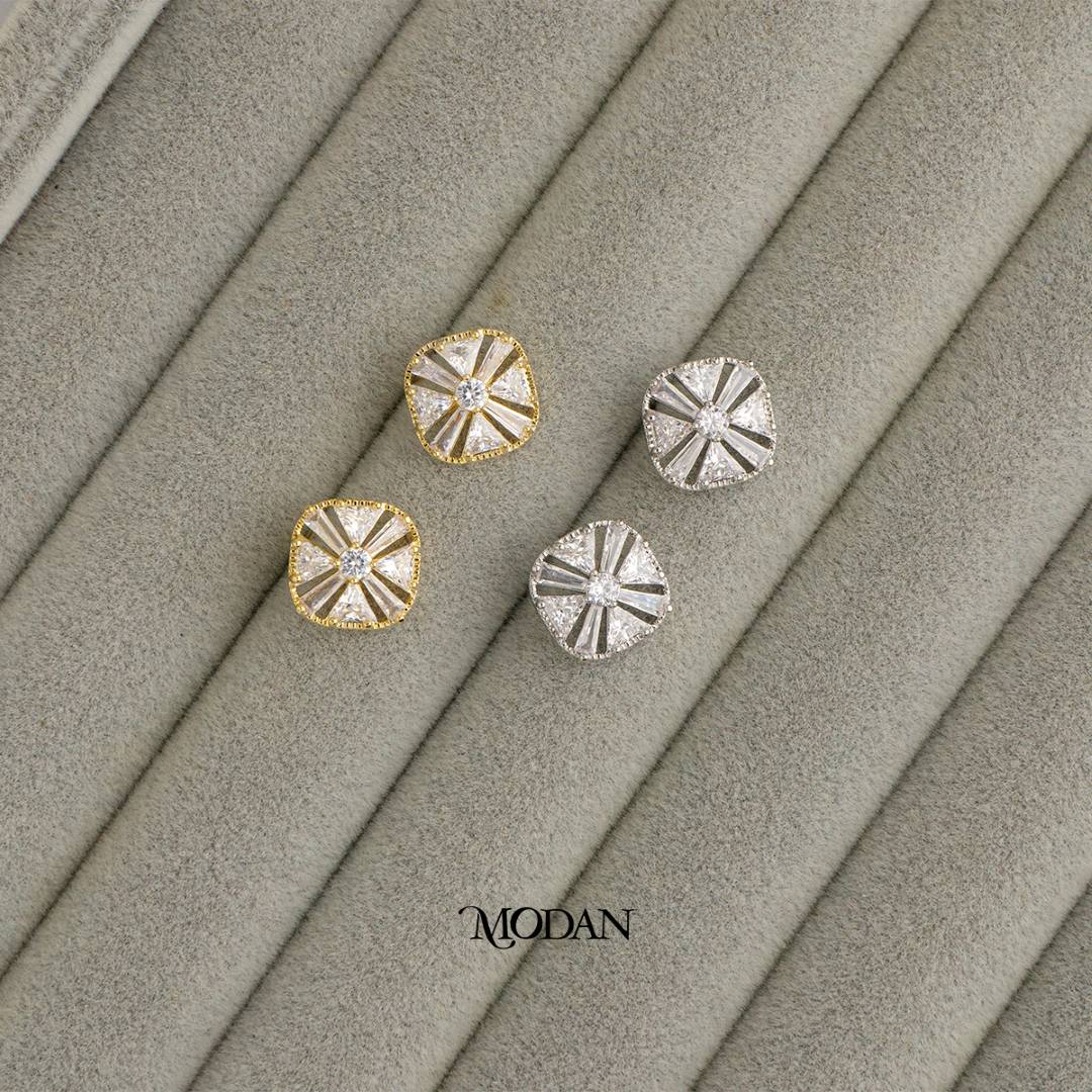 (13mm) Sparkling Zirconia Geometric Square Stud Earrings Anting Tusuk Persegi Hypoallergenic Gold Plated