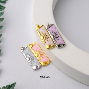 Celestial Sun Tag Bar Connector - Liontin Sambung/Konektor untuk Gelang/Kalung Bentuk Tag Persegi Panjang Aksen Matahari dengan Pink/White Mother of Pearl