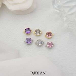 Sparkling Clear/Pink/Purple Beaded Square Connector - Liontin Sambung/Konektor Bentuk Hati untuk Gelang/Kalung DIY Aksesoris Jewelry Making