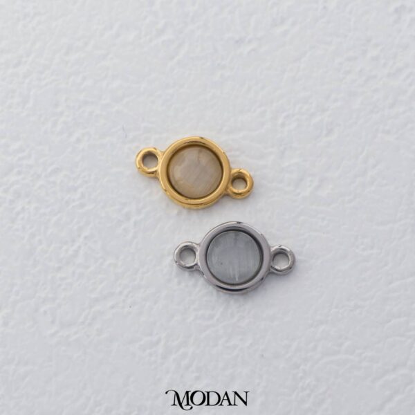 Titanium Simple Round Moonstone Connector - Liontin Sambung/Konektor Bentuk Bulat Batu Biduri Bulan untuk DIY Gelang/Kalung Stainless Steel