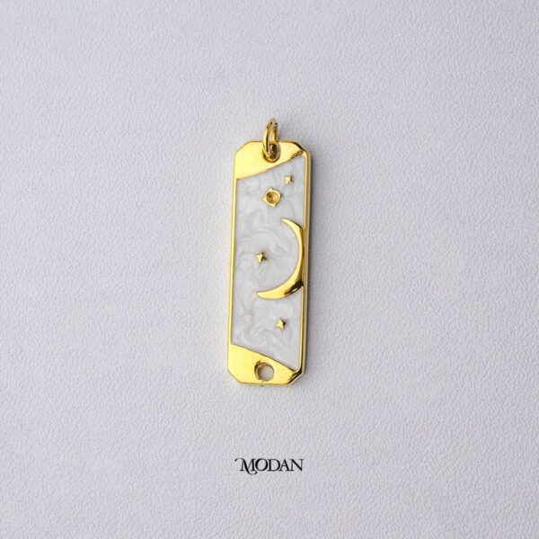 Celestial Moon-Star Tag Bar Connector - Liontin Sambung/Konektor untuk Gleang/Kalung Bentuk Tag Persegi Panjang Aksen Bulan Bintang dengan Aksen Pink White Mother of Pearl